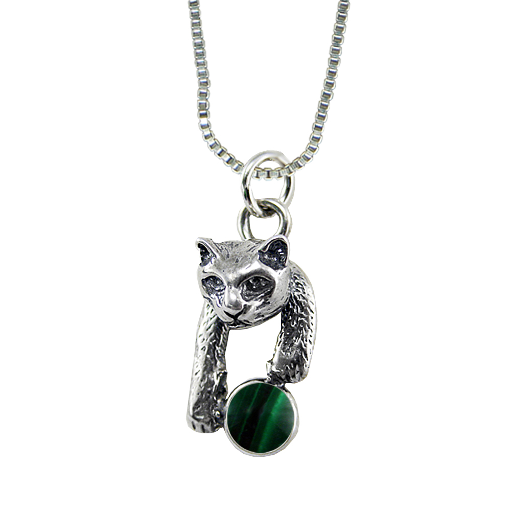 Sterling Silver Playful Little Cat Pendant With Malachite